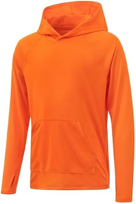 Poekuao Boys Rash Guard Hoodie – UPF 50+ Quick-Dry Swim Shirt with Pocket, Bright Orange, Size M