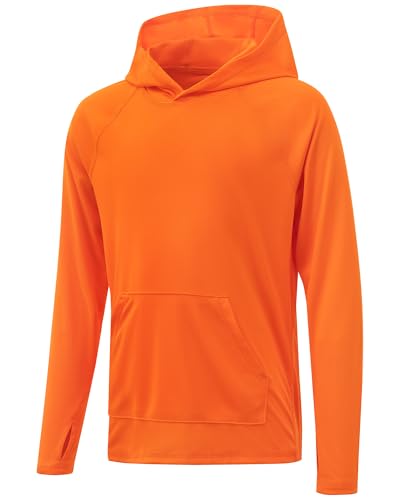 Poekuao Boys Rash Guard Hoodie – UPF 50+ Quick-Dry Swim Shirt with Pocket, Bright Orange, Size M