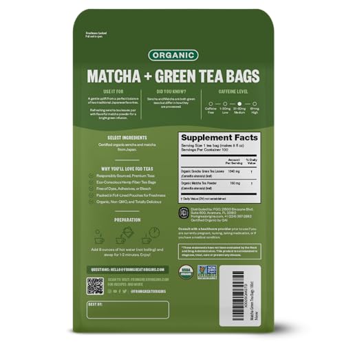 image for FGO Organic Japanese Matcha + Green Tea, Eco-Conscious Tea Bags, 100 C