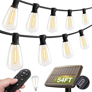 addlon 54(48+6) FT Solar String Lights Waterproof,Patio Lights Solar Powered with Remote & USB Port 15+1 LED Shatterproof Bulbs 3 Light Modes, Dimmable Solar Light for Camping Backyard Garden