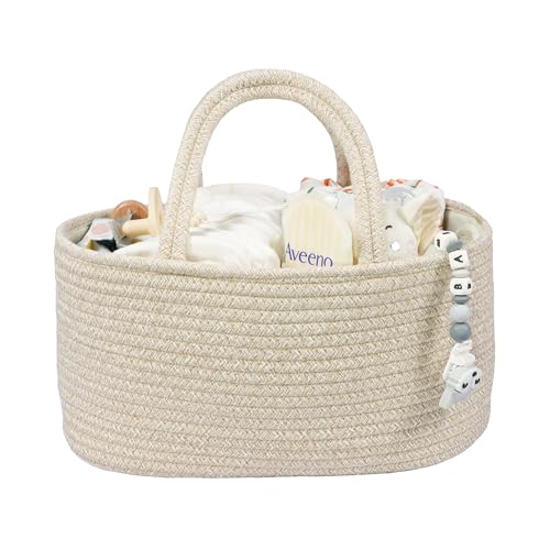 Image of Baby Diaper Caddy Organizer for Girl Boy Cotton Rope Nursery Storage Bin Basket Portable Holder Tote Bag for Changing Table Car Travel Baby Shower Gifts Newborn Registry Must Have Items oatmeal