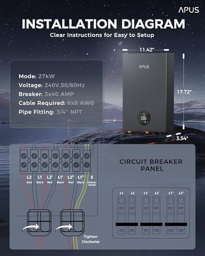 27kW Tankless Water Heater Electric, APUS 240V On Demand Instant Hot Water with Memory Function & LED Display, Energy-Saving Whole Home Water Heating System, Up to 6.5 GPM and Space Saving Design