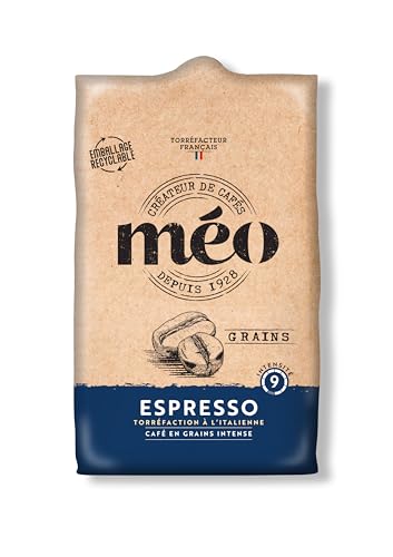 Cafés Méo en Grains Espresso Intensité 9 - en Pack de 6 sachets de 500G - Niveau de torréfaction foncée