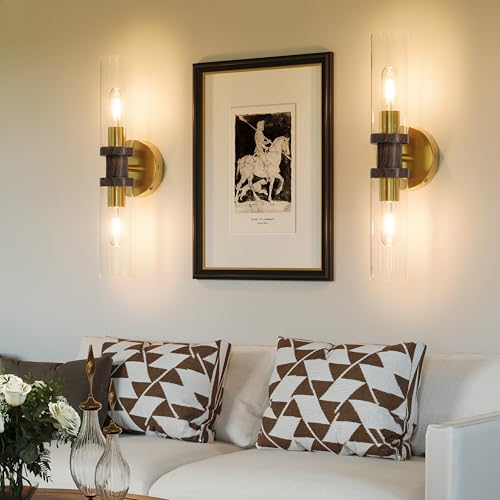 Image of Rayogale Gold & Walnut Wireless Battery Operated Wall Sconce with Remote | Dimmable Rechargeable Wall Lights Set of 2, Timer, No Hardwire, Touch Control, 8000mAh, 3000K, Glass, Emergency, 16.5 Inch