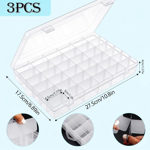 Image of 3 Pack 36 Grids Clear Plastic Organizer Box with Removable Dividers, Bead Storage Organizer Boxes, Craft Storage Containers for Organizing Jewelry, Beads, Fishing Tackles and Small Parts
