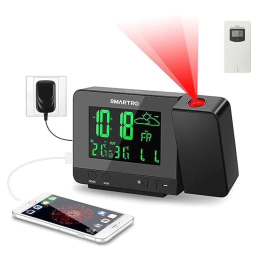 SMARTRO SC31B Digital Projection Alarm Clock with Weather Station, Indoor Outdoor Thermometer, USB Charger, Dual Alarm Clocks for Bedrooms, AC & Battery Operated