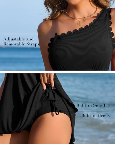 Charmo Ribbed One Shoulder Swim Dress Scalloped Tummy Control Swimsuits for Women Swimwear Built-in Side Tie and Briefs4