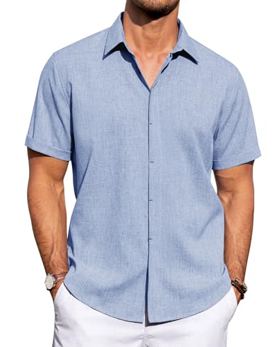 J.VER Mens Cotton Linen Short Sleeve Shirts Casual Button Down Shirt for Men Beach Cruise Tropical Work Tops Sky Blue X-Large