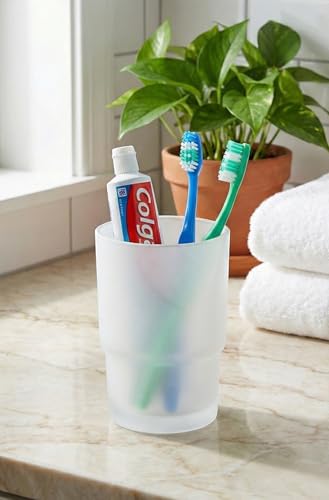 Image of Premium Frosted Glass Tumbler and Toothbrush Holder for Bathroom | Elegant Round Countertop Toothbrush, Toothpaste, & Shaving Kit Stand | Durable Aesthetic Bathroom Organizer & Rinse Cup