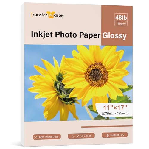 Glossy Inkjet Photo Paper 11x17 Inch 48lb 180gsm Professional Photographic Paper 50 Sheets Instant Dry Work with Inkjet Printers and Dye Ink