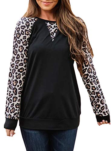 Diukia Women's Fashion Leopard Print Pullover Sweatshirt Color Block Raglan Long Sleeve Pullover Shirt Casual Round Neck Sweatshirts Tops for Women Teen Girls Juniors Ladies Black S