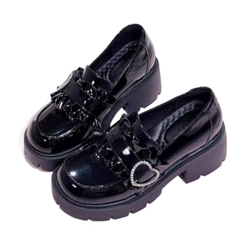 Zenrave Gyaru Platform Emo Shoes Harajuku Gothic Jirai Kei Mary Jane Cutecore Heart Round Toe Y2K Kawaii Comfort Wear Walking Shoes Jfashion Goth Punk Lolita Shoujo Outfit for Women Girls (Black,5.5)