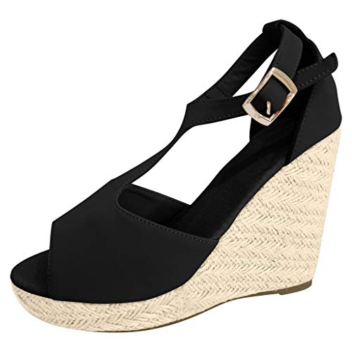 Women Wedge Platform Sandals T Strap Ankle Buckle Straw Sandals Open Toe Fish