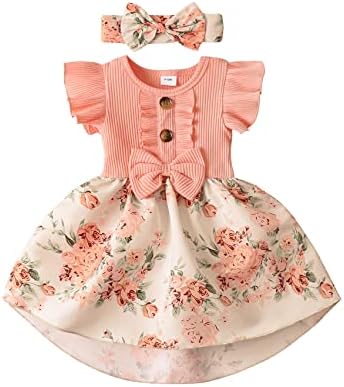 Newborn Baby Girl Dress Floral Ruffle Sleeve Casual Beach Sundress Princess Skirt Clothes Summer Outfits Dresses for Girls (Pink, 12-18 Months)