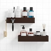 Kitsure 2 Pack Rustproof Shower Caddy - 2 Shelves, Drill-Free & Quick-Dry Shower Organizer, Rustproof Bathroom Shelves with 4 Hooks, Large, Brown