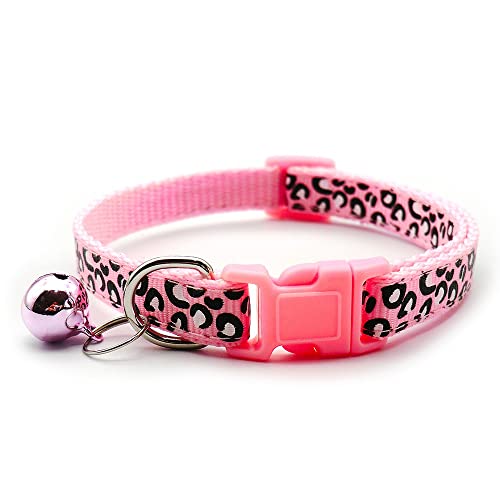 Small Dog Puppy Pet Collar Leopard Animal Print Design with Bell Nylon Adjustable Size 19-32cm Pink - Image 2