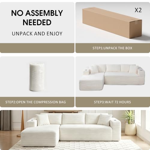 Image of Cloud Sectional Boneless Couches for Living Room,Modular Sectional Sofa with 2 Cup Holders,Memory Foam Cloud Couch with L Shaped Oversized Chaise,No Assembly Needed Plush Corduroy Sofa,Beige