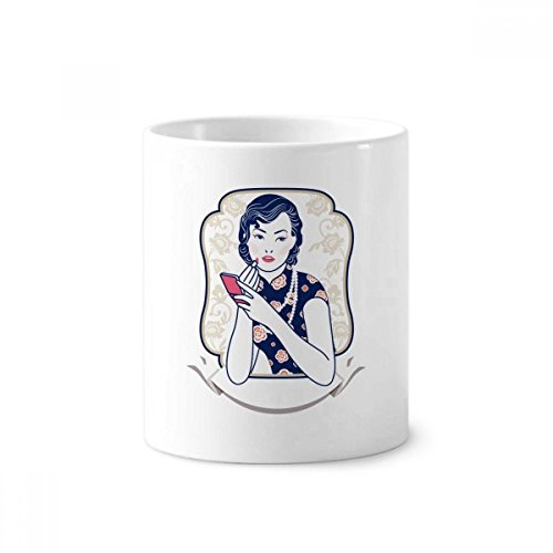 Porte-brosse à dents en céramique blanche motif rose chinoise 350ml hauteur 9.6cm