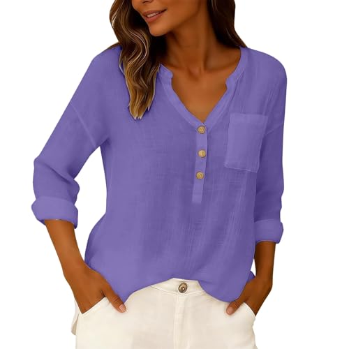 Camisas de algodón y lino para mujer blusa holgada transpirable casual 6