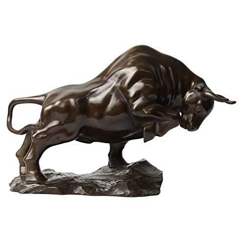 Cu+ Charging Bull Statue Feng Shui Fortune Brass Wall Street Bull, Animal Sculpture Figurine Art Home Collectable Table Decor Gorgeous Office Business Gifts (L10'')