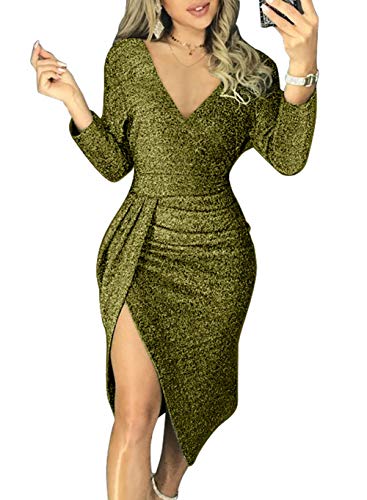 HUUSA Sexy Prom Cocktail Sequin Dresses Party for Womens V Neck Formal Wedding Evening Gowns Metallic Elegant Dress X-Large Green