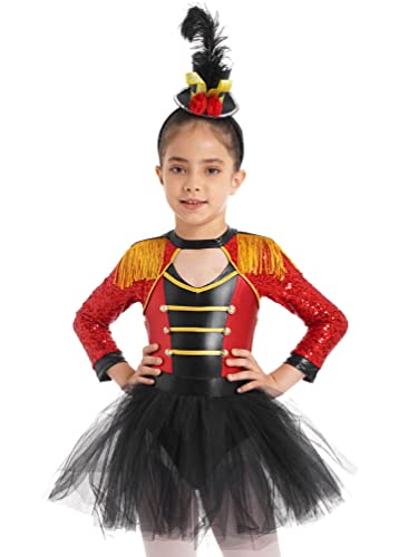 Dpois Kids Girls Circus Ringmaster Costume Sequins Long Sleeve Dance Dress Halloween Tutu Skirts With Hat Red 16 Years #TOP28