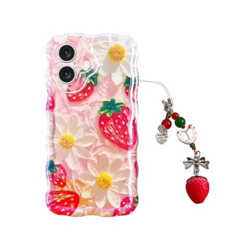 Tewwsdi Red Strawberry Phone Case with Charm for iPhone 17 6.3in,Retro Stylish Glossy Oil Painting Flower Laser Glossy,Aesthetic Fruit Shockproof Wave Frame Protection Cover Girly Gift for Girl Women