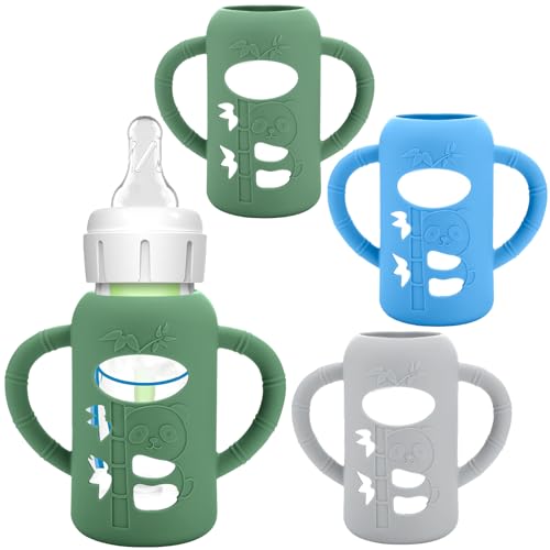 Image of BUSOHA 3 Pack Silicone Sleeves for Dr. Brown's Glass Baby Bottles - Drop Protection Baby Bottle Sleeves Compatible with Dr. Brown's Newborn Glass Bottles with Silicone Handles,4 oz