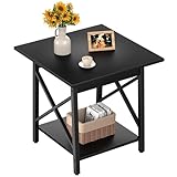 GreenForest End Table 24 inch for Living Room, Large Square Side Tables with X-Frame, Tall Industrial Bedside Nightstand with 2-Tier Storage, Black