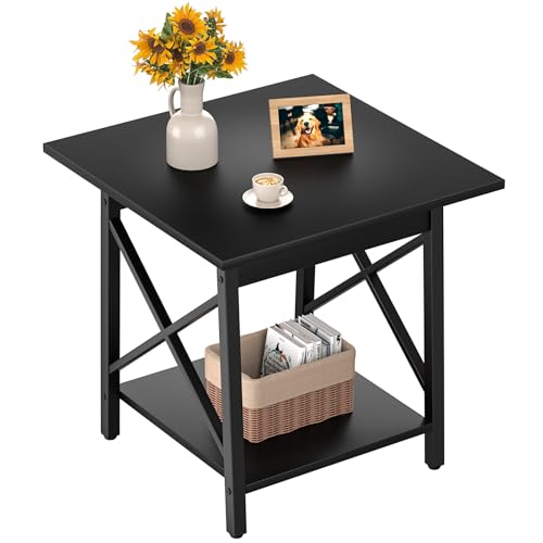 Image of GreenForest Square End Table 24 Inch with X-Frame 2-Tier Storage | Nightstand for Living Room & Bedroom, Rustic Decor, Sturdy, Waterproof Scratchproof Top, Easy Assembly, Black