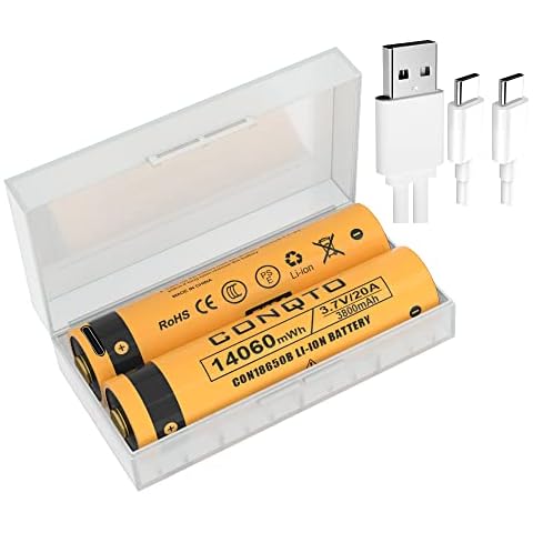 2 Pack 3.7V Button Top Li-ion Batteries, 3800mAh Conqto 20A USB-C Rechargeable Battery for Tactical Flashlight, Doorbells, Camera, Small Fan, Sound Equipment.(With Charge Cord) Cover