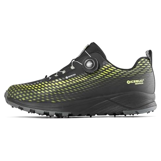 Icebug Mens NewRun BUGrip GTX Road Running Shoe with Carbide Studded Traction Sole, Black/Poison, 10