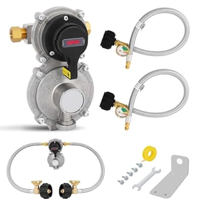 Getoolet 2-Stage Automatic Changeover LP Propane Gas Regulator, Two 18 Inch Braided Stainless Steel Pigtail Tanks Hoses with Gauge, for RVs, Trailers, Camper