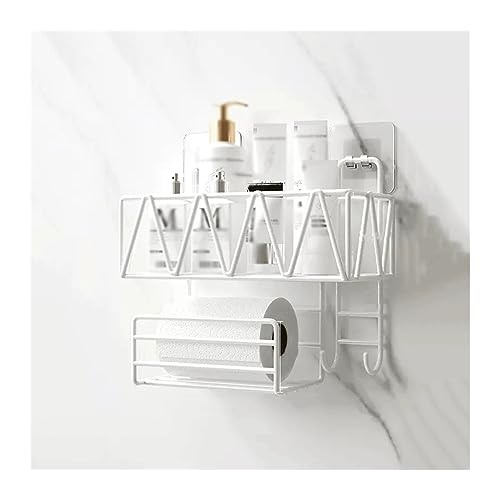 Bathroom Storage Shelves, Toilet Wall Storage Rack Washstand Double Layer Cosmetic Storage Rack with Tissue Holder and Hook Wall Mounted Metal Storage Rack Without Punching for Bathroom, Kitchen(White