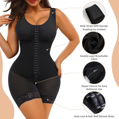 SHAPERX Women\'s Fajas Colombianas Tummy Control Shapewear Postpartum Full Body Shaper Butt Lifter Bodysuit, SZ7302-Black-M