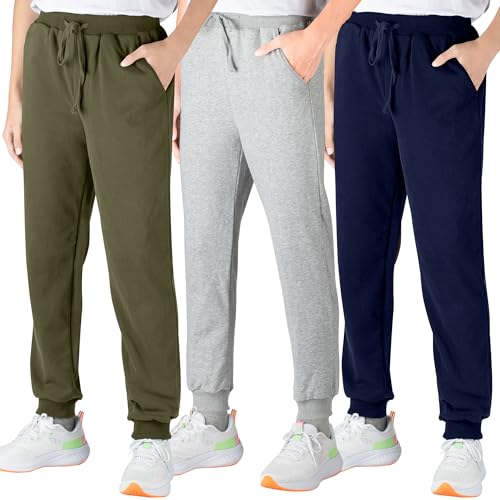 BIG ELEPHANT 3 Pack Boys Sweatpants, Youth Cotton Athletic Joggers Pants with Pockets and Drawstring