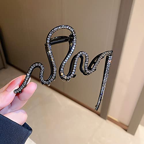 Jumwrit Large Rhinestone Hair Claw Big Wave Hair Clip Strong Hold Metal Hair Clip Long Tassel Chain Hair Claw Non Slip Hair Clamp Fashion Hair Claw Clip For Thick Hair(Black) #TOP3