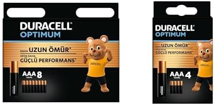 Duracell Optimum AAA Alkalin İnce Kalem Piller, 1,5 V LR03/MN2400, 8’li Paket + Duracell Optimum AAA Alkalin İnce Kalem Piller, 1,5 V LR03/MN2400, 4’lü Paket (Toplam 12 Adet)