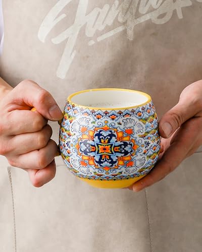 HENXFEN LEAD Cappuccino Cups Set, 600ml Porcelain Coffee Cups with Handle, 6 Pack of Porcelain Cups for Tea Coffee Milk Cappuccino with Pattern and Colourful - Bohemian Style