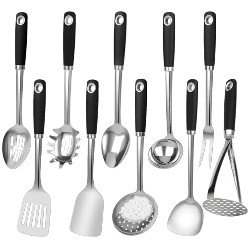 Comparison: Best Cooking Utensils For Stainless Steel Pans 11 10 Piece Stainless Steel Cooking Utensils Set - 18/0 Heavy Duty Kitchen Tools for Grilling & Serving, Includes Slotted Spatula, Soup Ladle, Thin Metal Turner & More, Heat Resistant, Dishwasher Safe