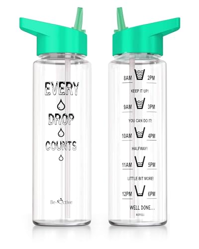 Be-Active Motivational Water Bottle with Straw – With Time Markings - Times to Drink – Tracker - BPA Free (Aqua Green)