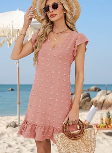 Image of QACOHU Spring Summer Dresses for Women 2026 V Neck Cap Sleeve Ruffle Hem Smock Short Casual Beach Dress