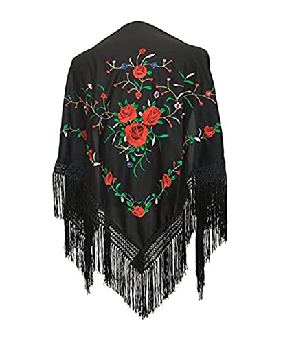 AMINA Medium Peak Shawl Triangular Flamingo or Sevillanas (170 x 70 cm) Black Embroidered Red/Green
