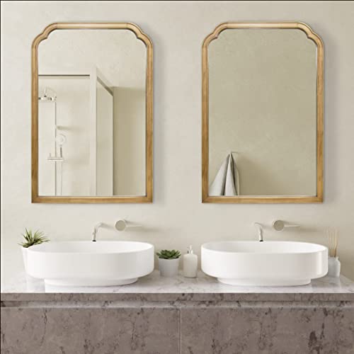 Magnifique Rounded Corner Arched Wall-Mounted Mirror, 24 X 36-Inch Solid Pine Natural Wood Frame #TOP5