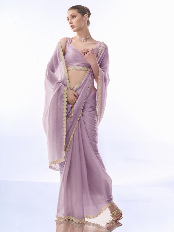 Image of ORHANS Women's Chiffon Saree with Unstitched Blouse Piece Solid Pattern and Laced Border | Lightweight Sarees for Woman | Plain Saris Daily Use | Womens Saree Modern Pattern| Stylish Saree