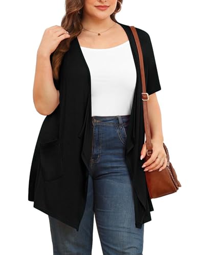 Image of Plus Size Cardigan for Women Lightweight Short Sleeve Summer Open Front Dressy Light Cardigan Drape Duster 4XL Black