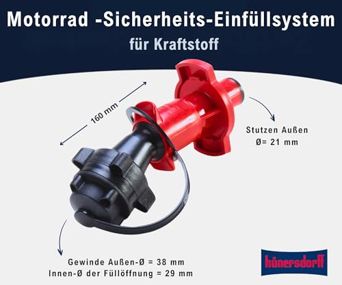hünersdorff Motorrad-Sicherheits-Einfüllsystem aus HD-PE für Kraftstoff, ideal zum Aufsetzen auf Motorradtanköffnungen, schwarz/rot, 16,0 x 5,4 x 5.4 cm