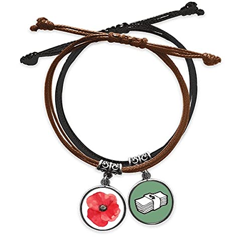 Pulsera de amapola roja tejida a mano con base de cuero