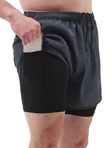 WANXIAO Herren Sportshorts mit Innenfutter 2-in-1 mit Taschen Schnell trocknend Laufen Radfahren Fitness Shorts Cover