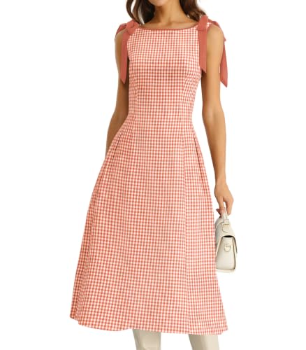 RIHOAS Women's Plaid Gingham Dress Summer Midi Dresses for Women 2026 Pink